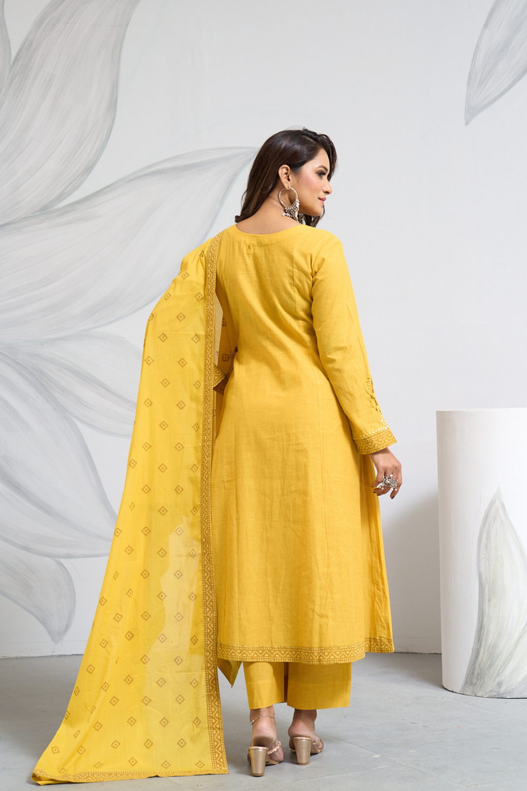 Occur Yellow South Cotton Panel Anarkali Dress with Dupatta