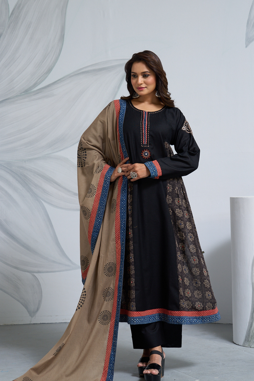 Black Linen Cotton Panel Dress with Katha Neckline & Mirror Work