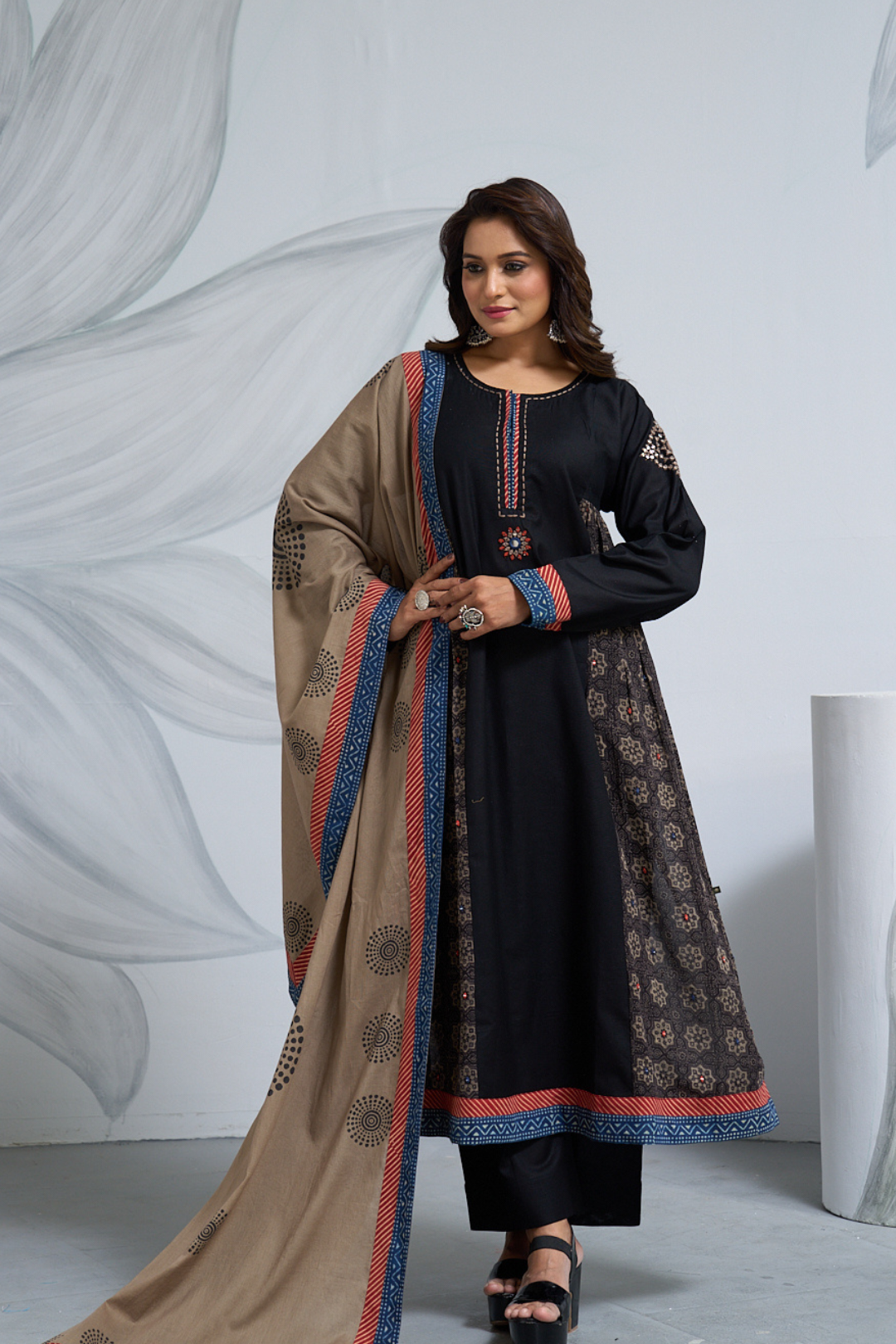 Black Linen Cotton Panel Dress with Katha Neckline & Mirror Work