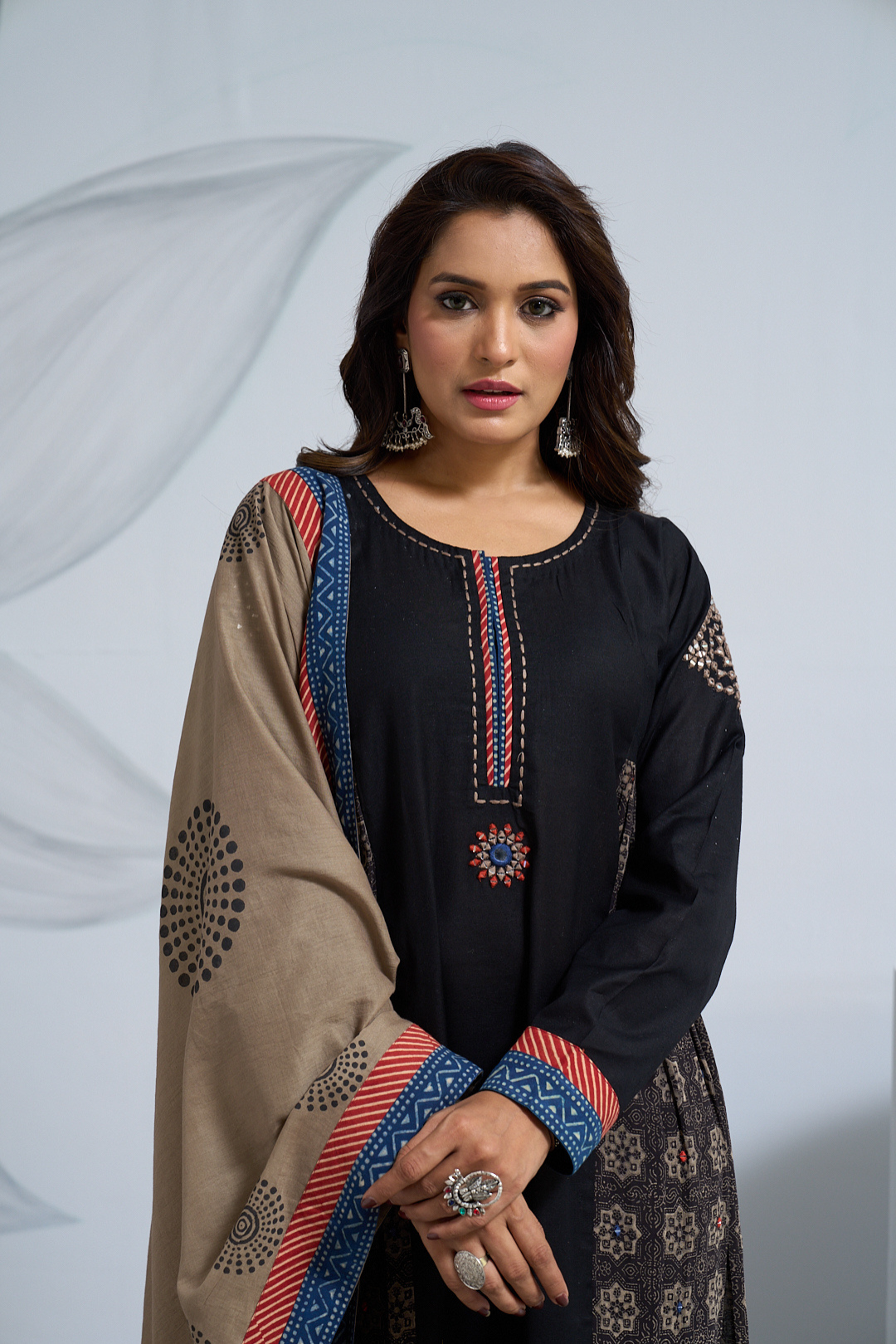 Black Linen Cotton Panel Dress with Katha Neckline & Mirror Work