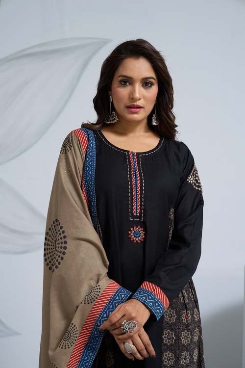 Black Linen Cotton Panel Dress with Katha Neckline & Mirror Work