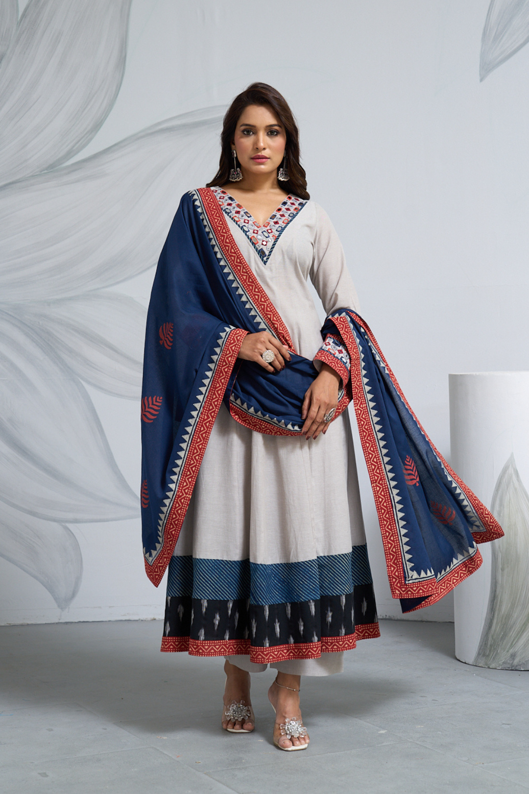 Gray Cotton Anarkali with Big Mirror Work & Printed Dupatta