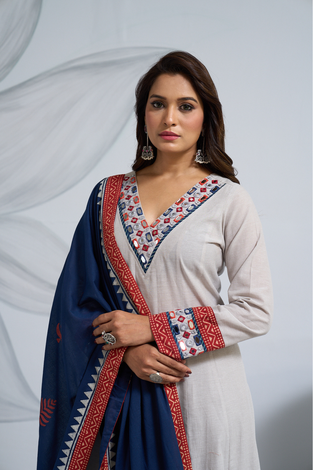 Gray Cotton Anarkali with Big Mirror Work & Printed Dupatta
