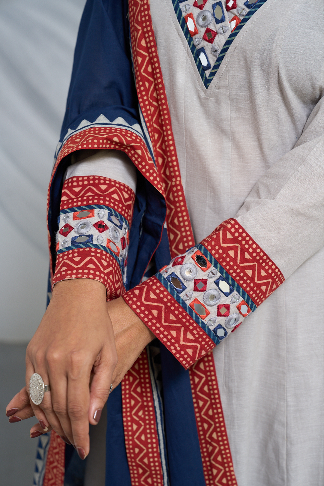 Gray Cotton Anarkali with Big Mirror Work & Printed Dupatta