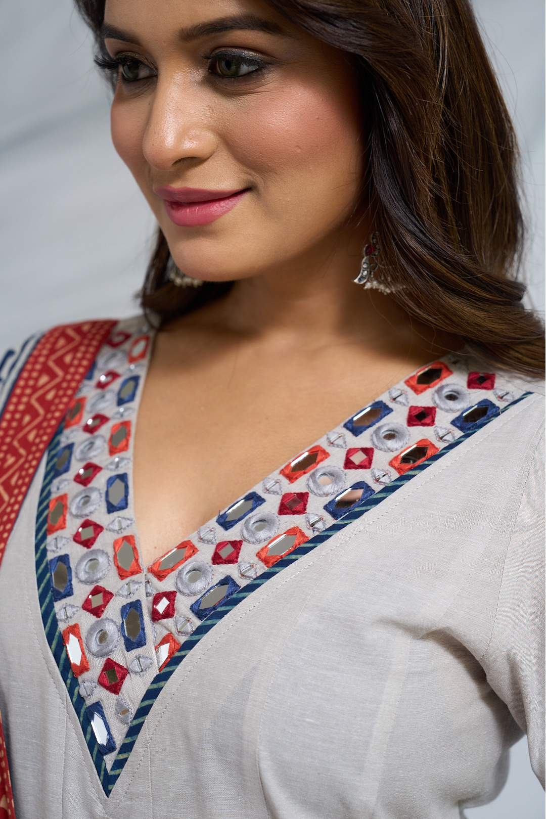 Gray Cotton Anarkali with Big Mirror Work & Printed Dupatta