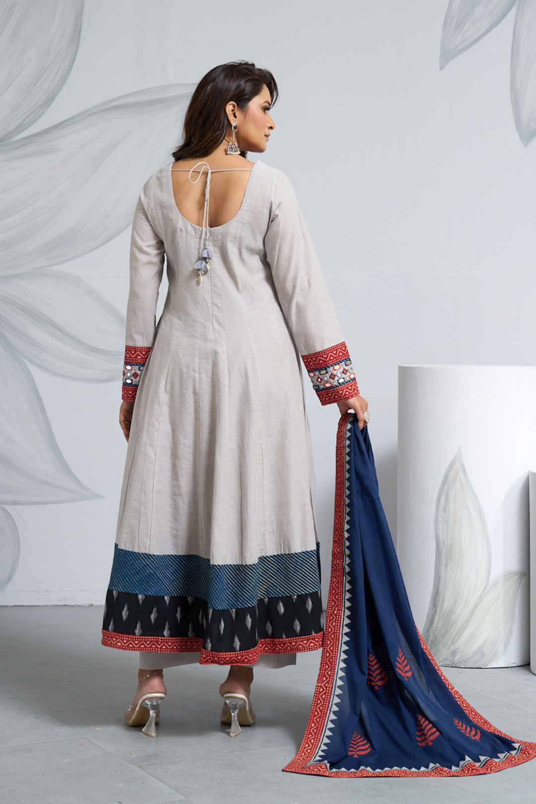 Gray Cotton Anarkali with Big Mirror Work & Printed Dupatta