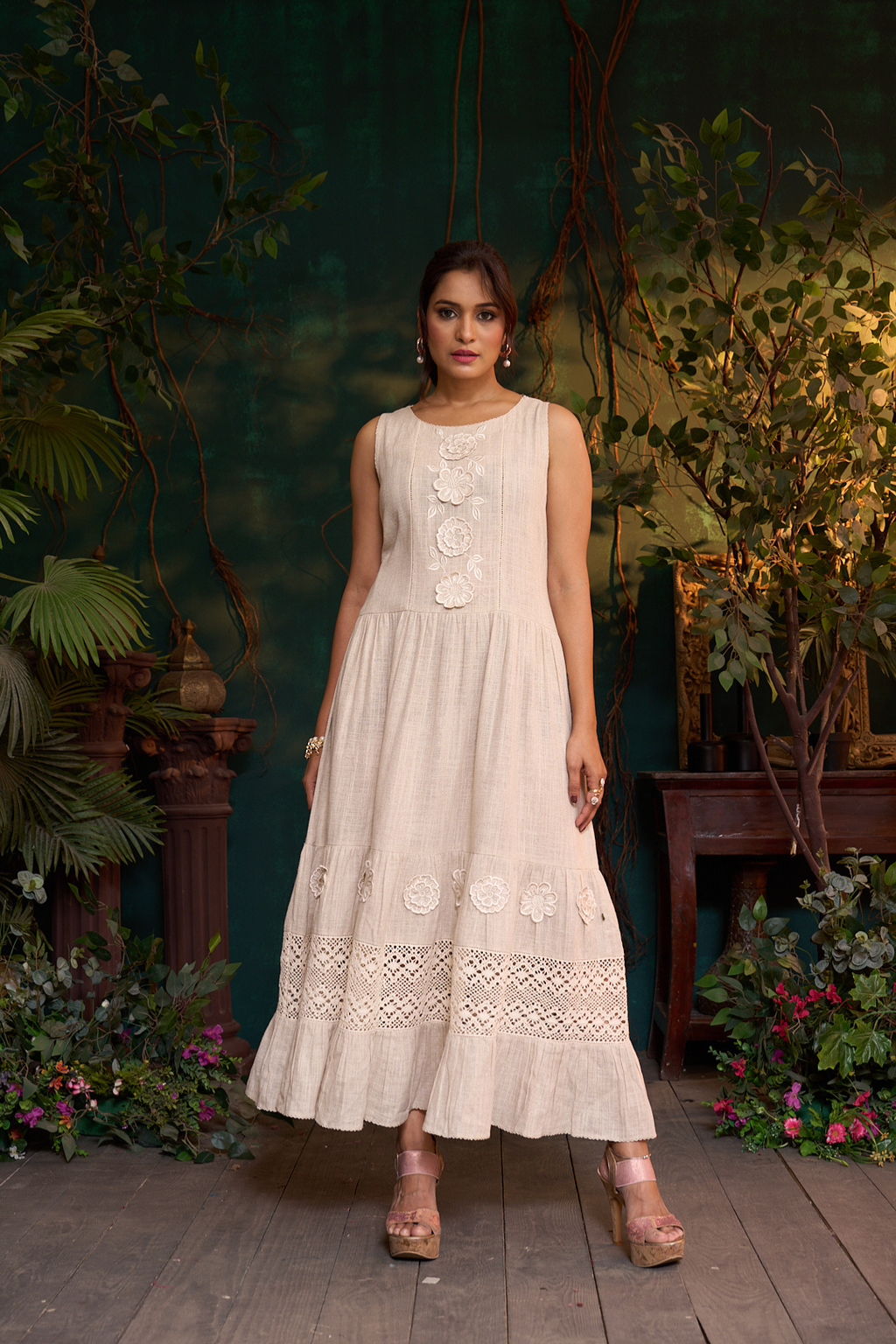 Khadi Linen Frill 3D Flower Dress