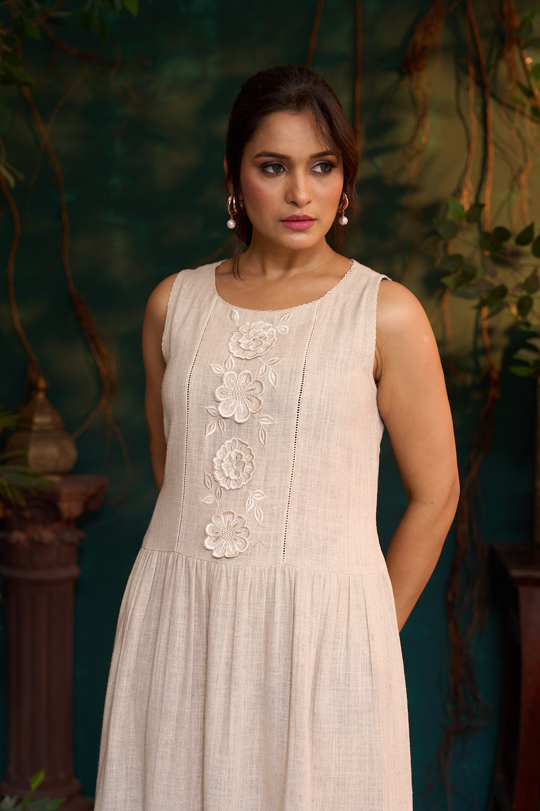 Khadi Linen Frill 3D Flower Dress