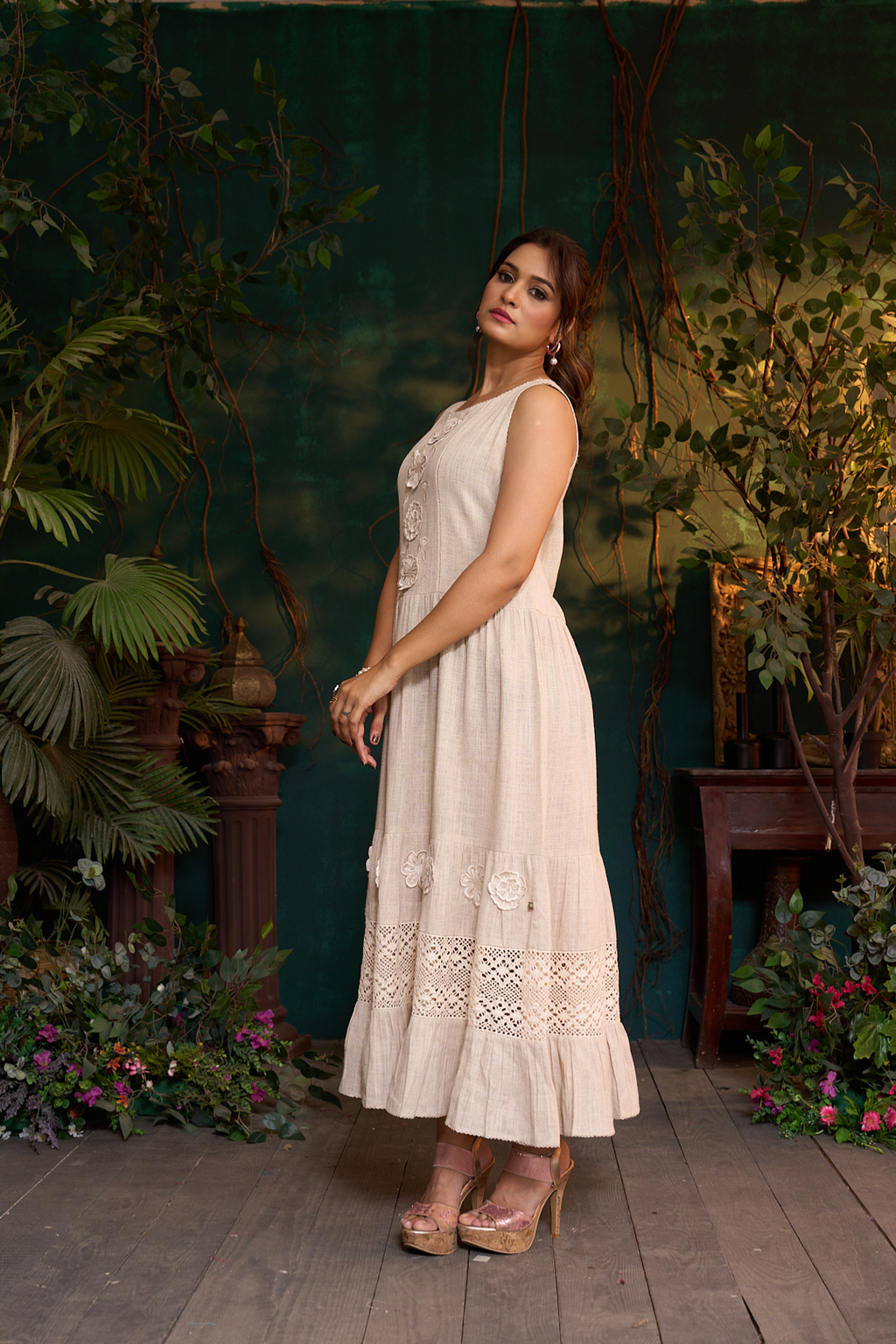 Khadi Linen Frill 3D Flower Dress