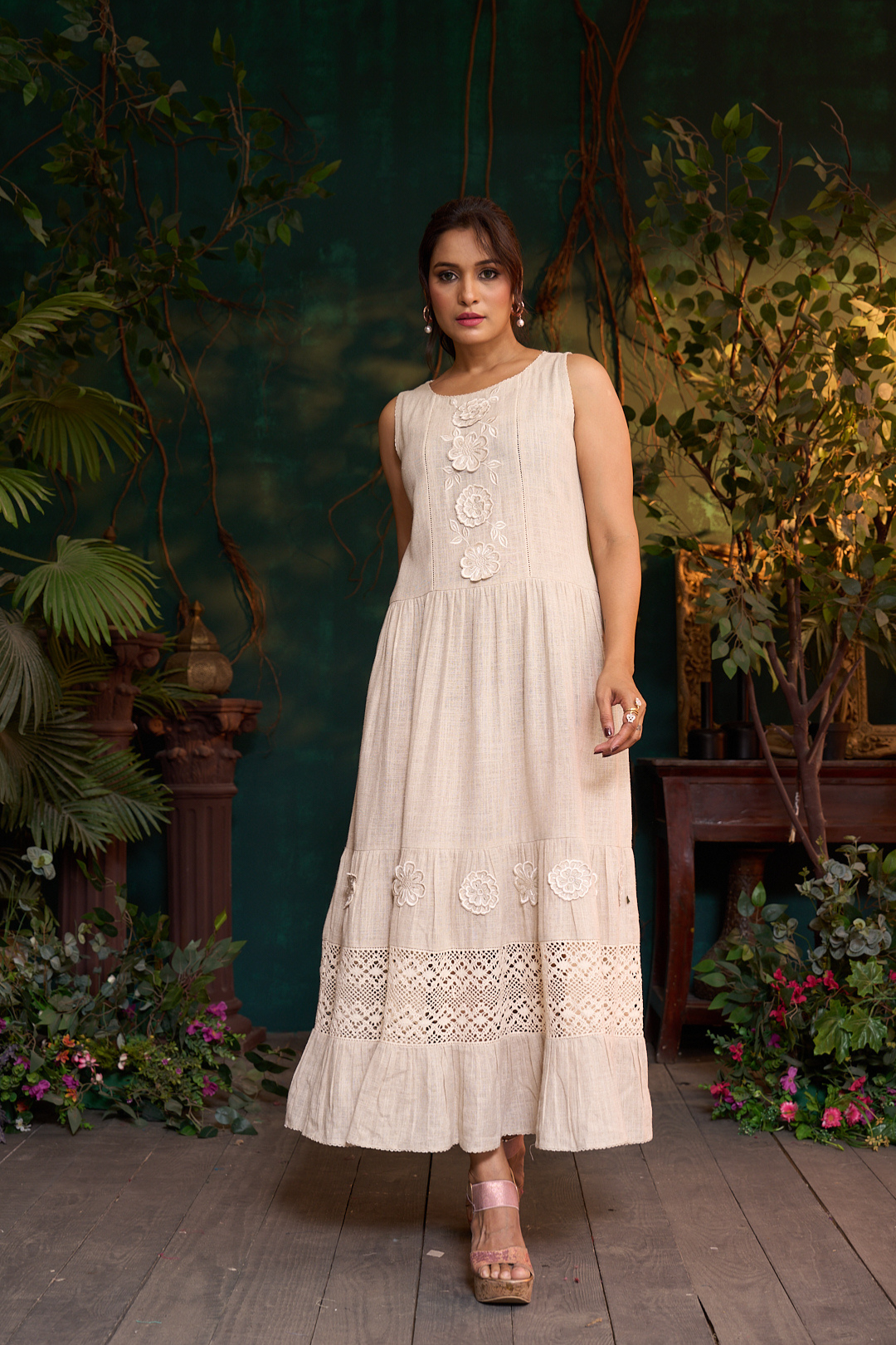 Khadi Linen Frill 3D Flower Dress