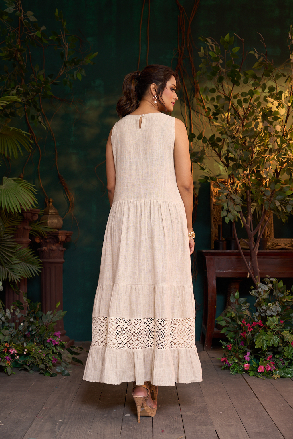 Khadi Linen Frill 3D Flower Dress