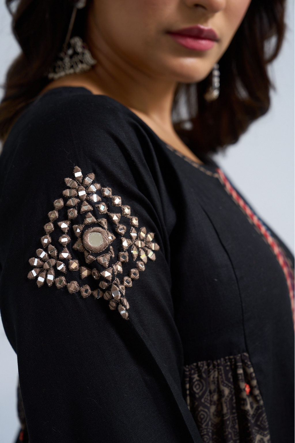 Black Linen Cotton Panel Dress with Katha Neckline & Mirror Work