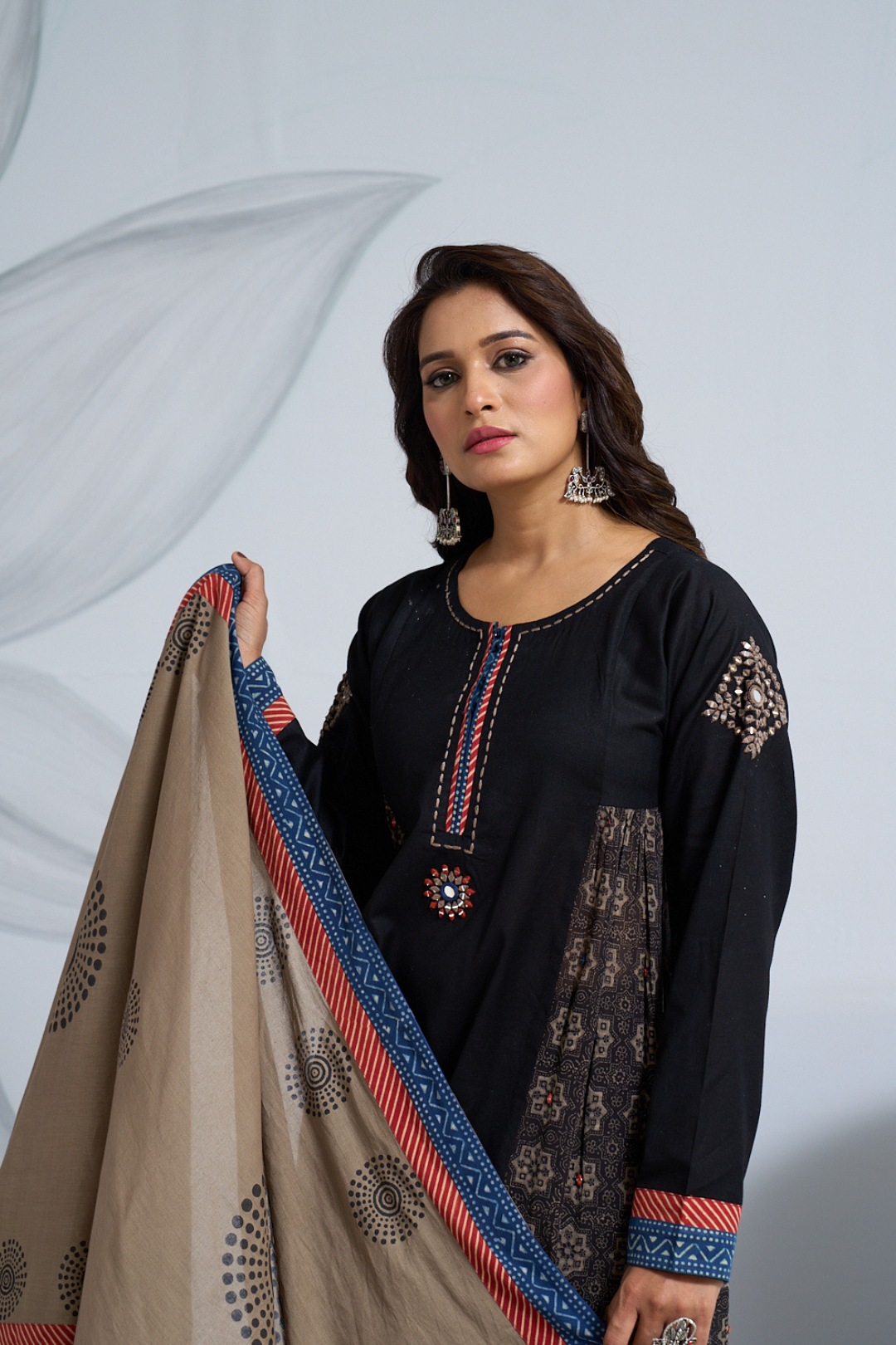 Black Linen Cotton Panel Dress with Katha Neckline & Mirror Work