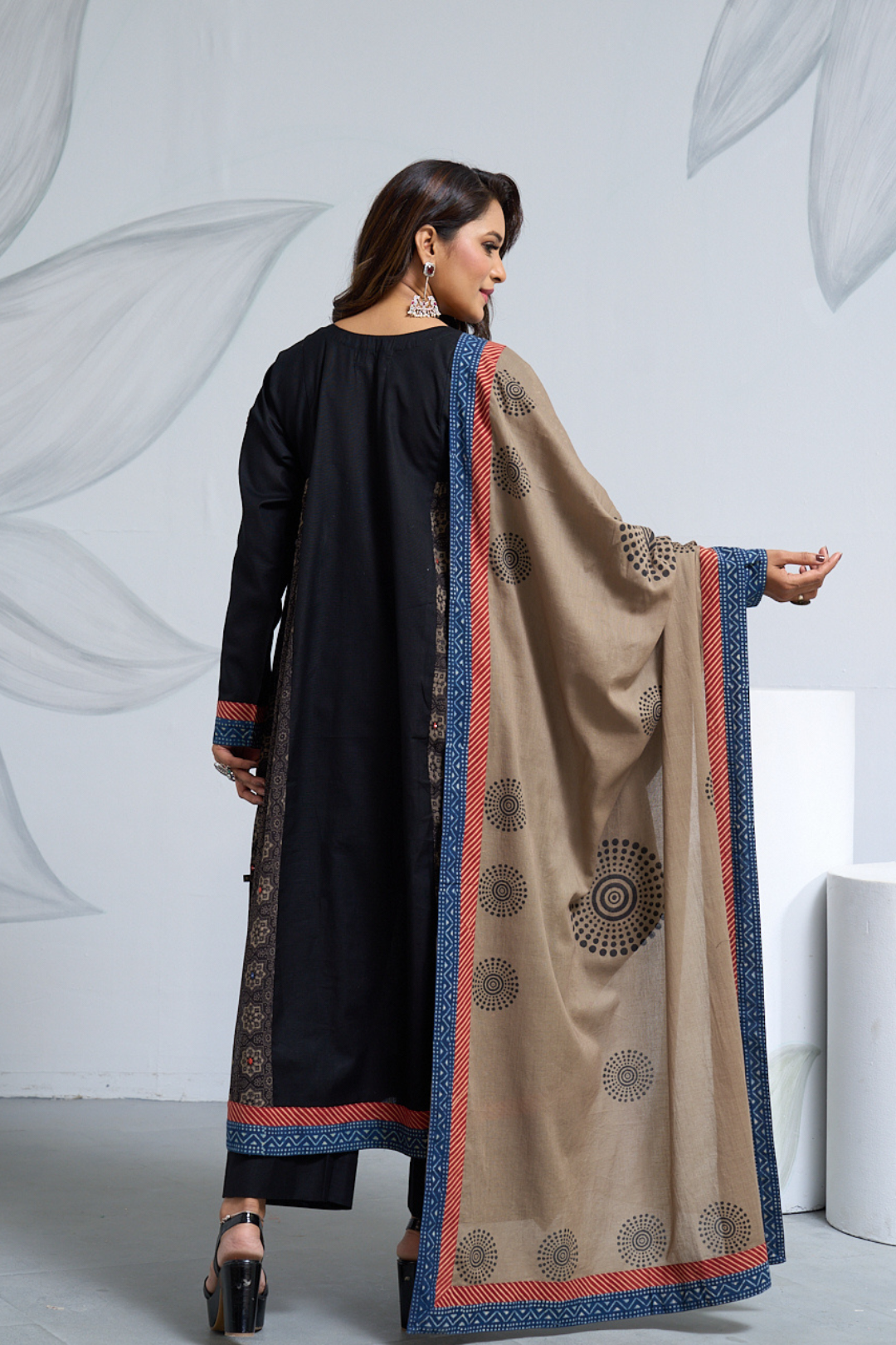 Black Linen Cotton Panel Dress with Katha Neckline & Mirror Work