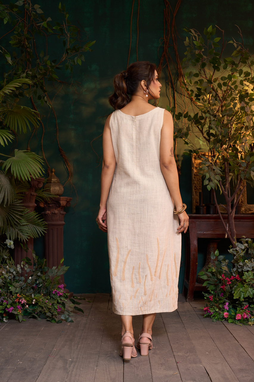 Natural Khadi Linen Dress – Laheria Embroidery – Sleeveless