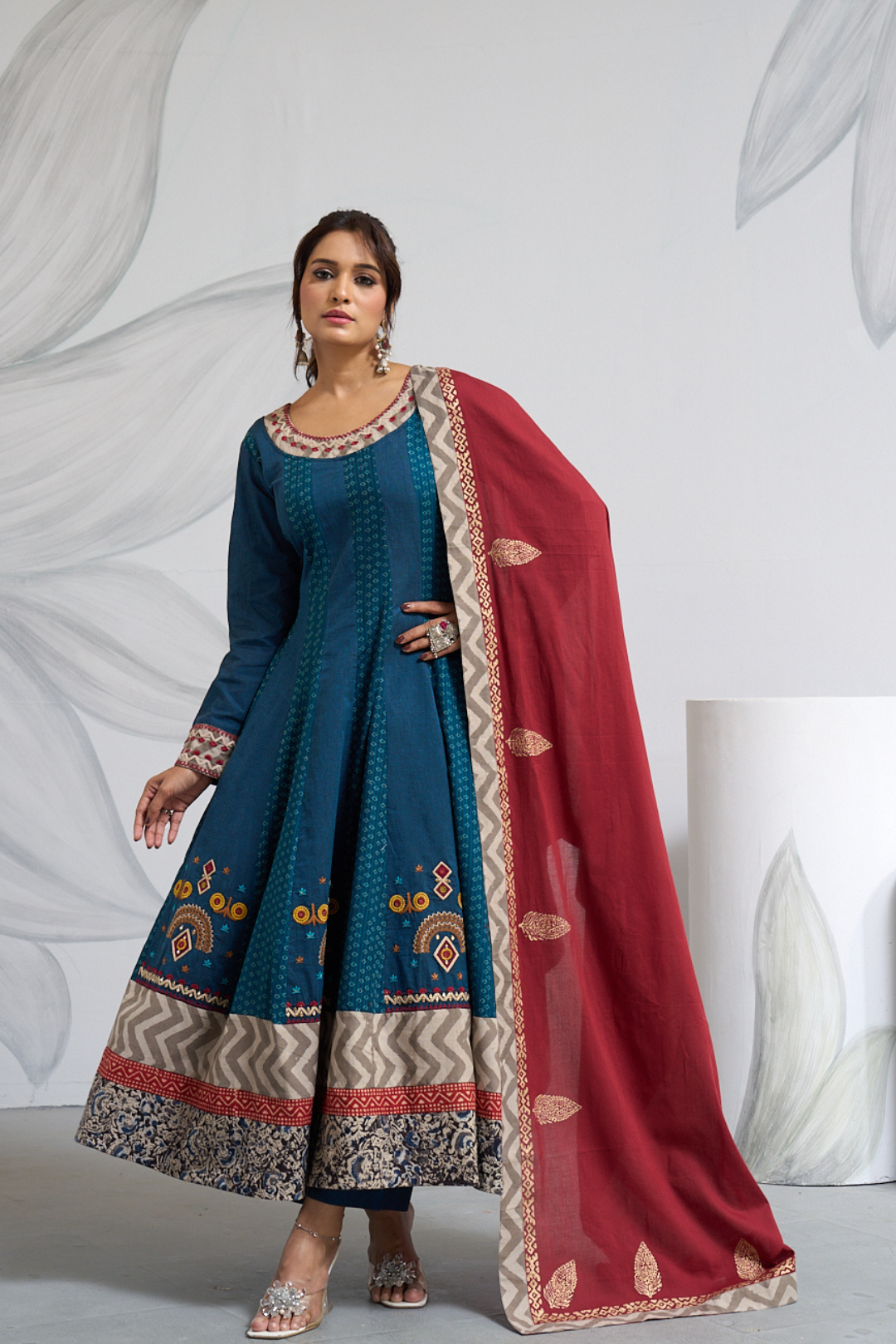 Full-Length Indigo Anarkali with Printed Anarkali & Dupatta