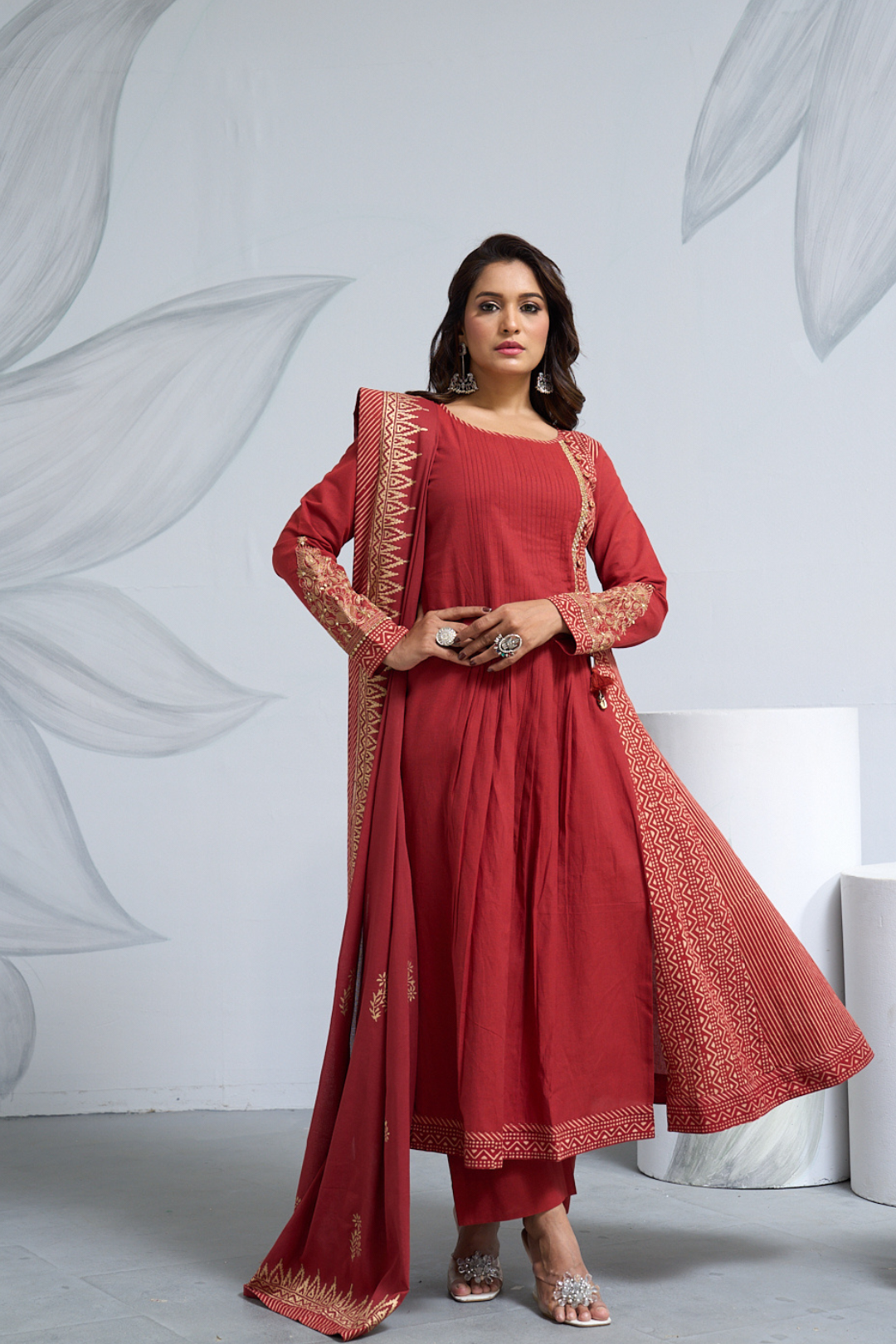 Rust South Cotton Anarkali Dress with Dupatta