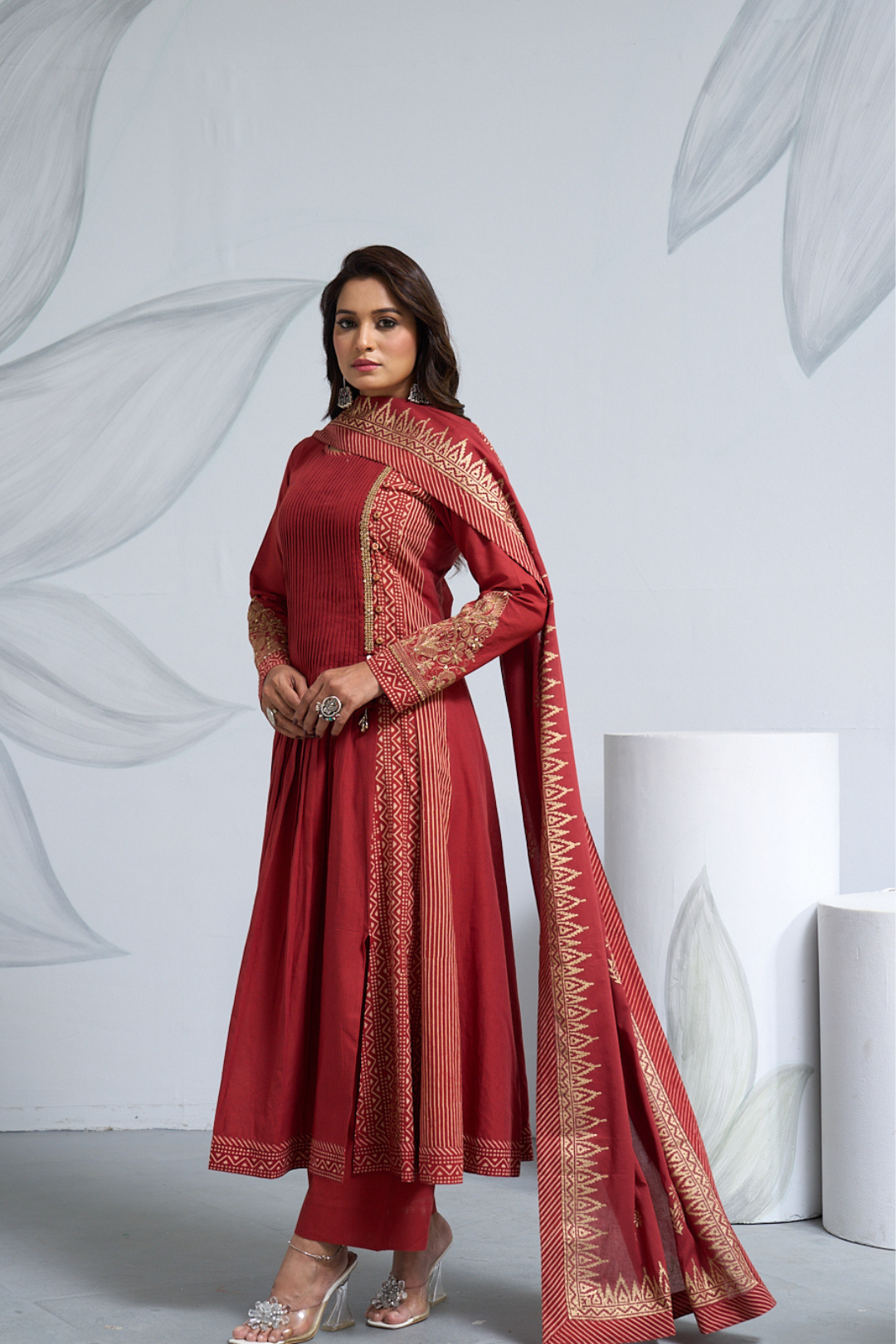Rust South Cotton Anarkali Dress with Dupatta