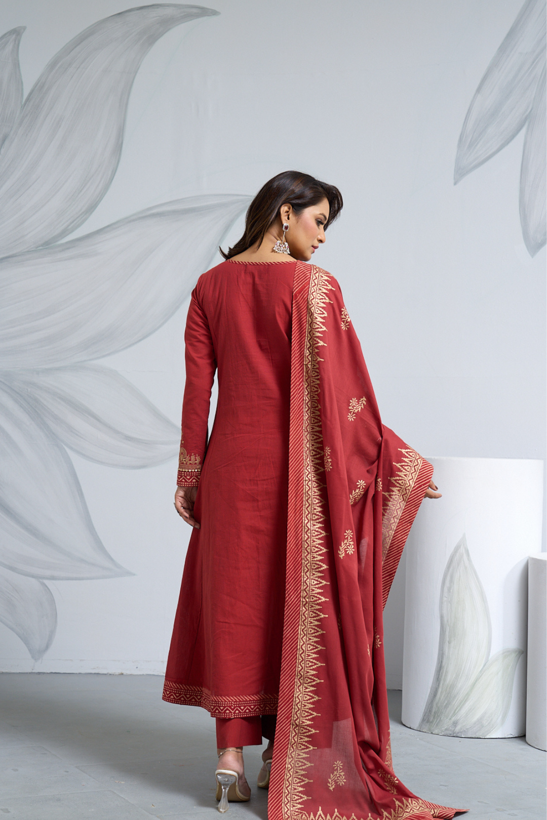 Rust South Cotton Anarkali Dress with Dupatta