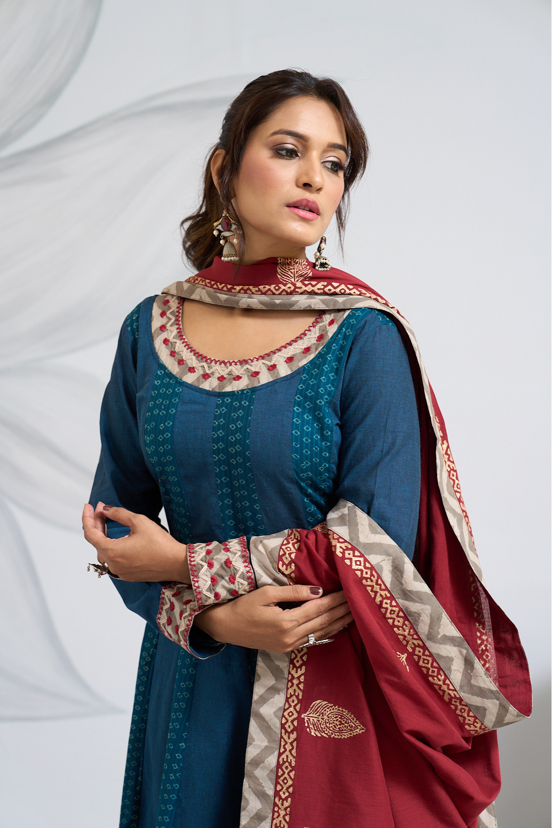 Full-Length Indigo Anarkali with Printed Anarkali & Dupatta