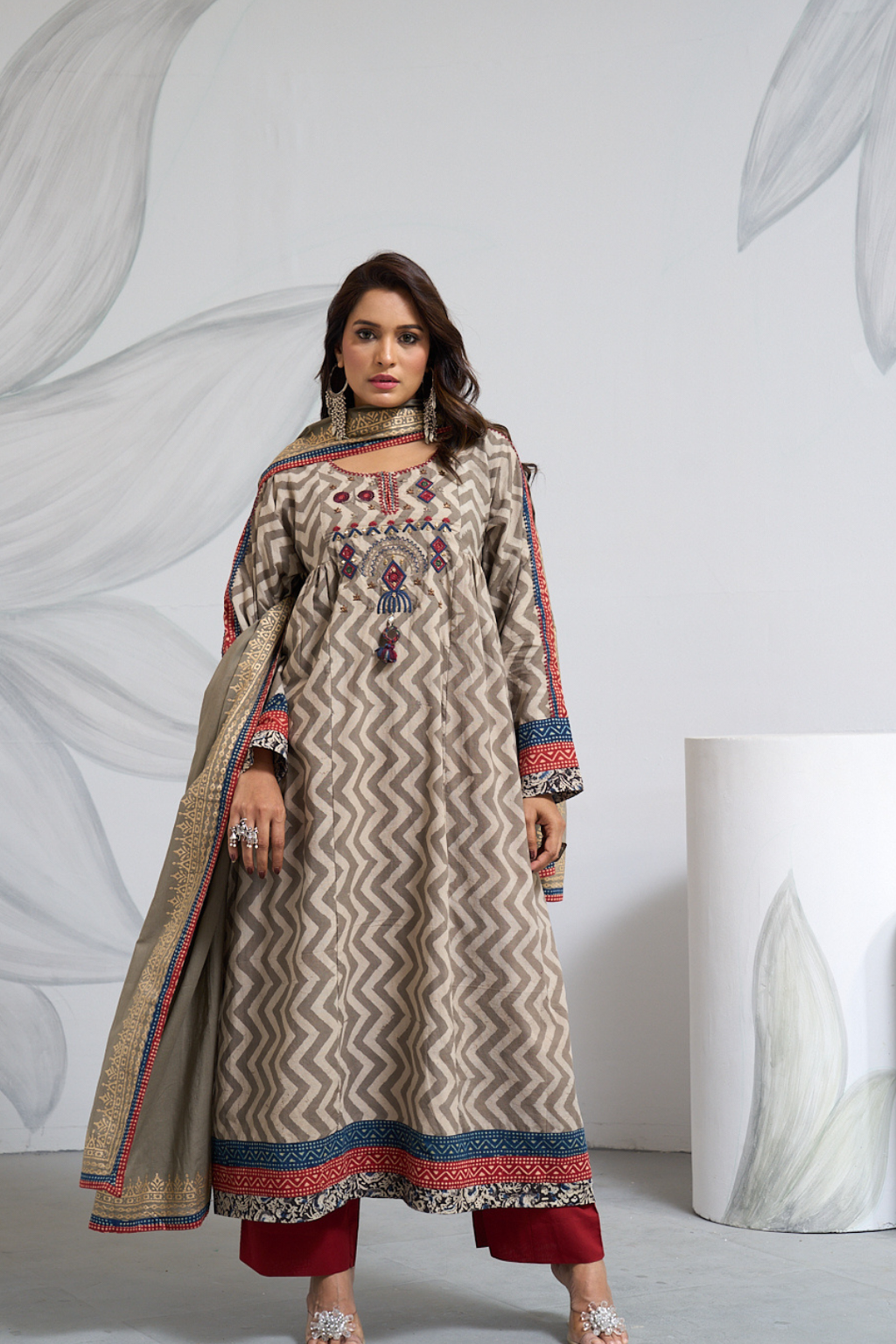 Jaipuri Dabu Print Anarkali Set - Full Length Cotton Ethnic Wear with Geometric Block Print Pattern for Women