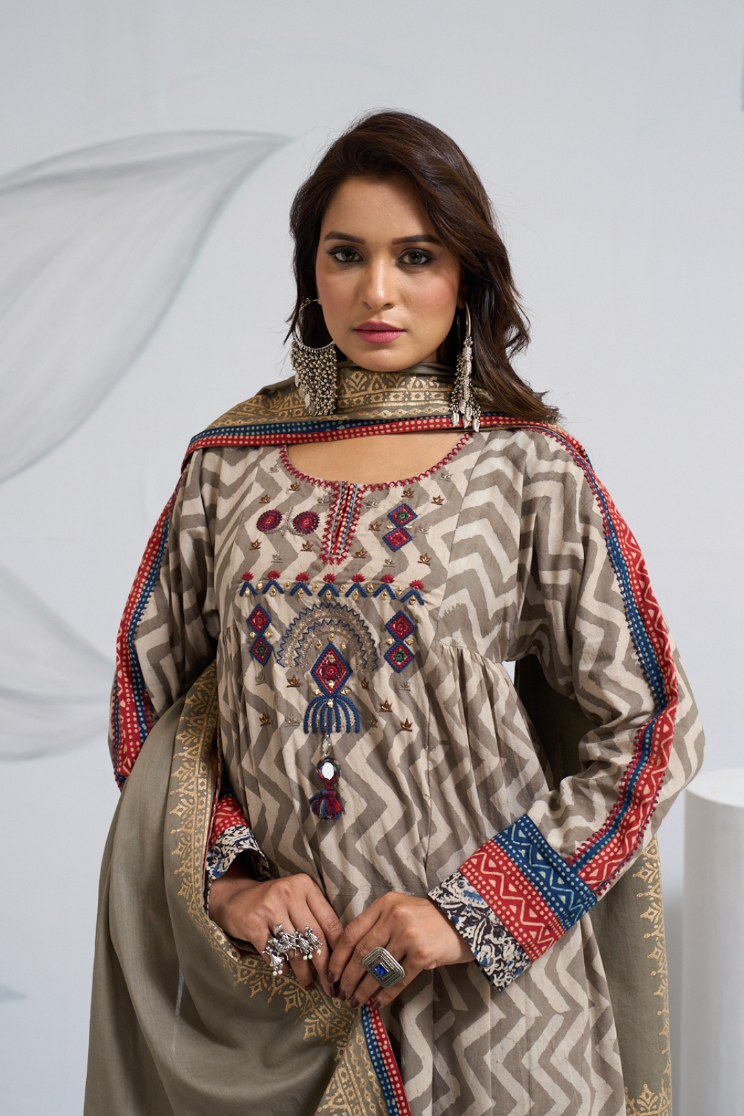 Full-Length Jaipuri Dabu Print Anarkali Set