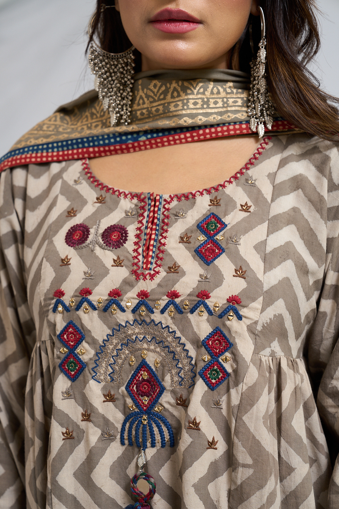 Full-Length Jaipuri Dabu Print Anarkali Set