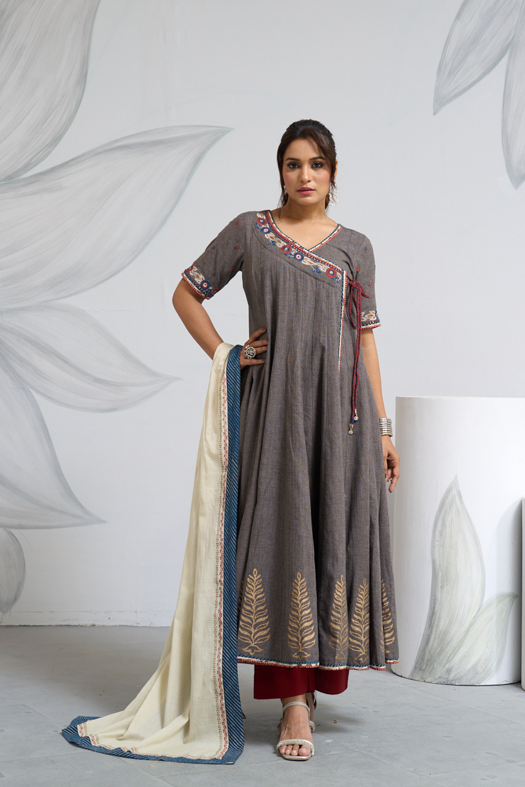 Gray Full-Length Angrakha Anarkali Set with Pants & Dupatta