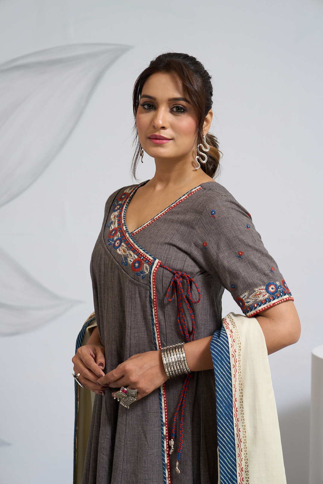 Gray Full-Length Angrakha Anarkali Set with Pants & Dupatta