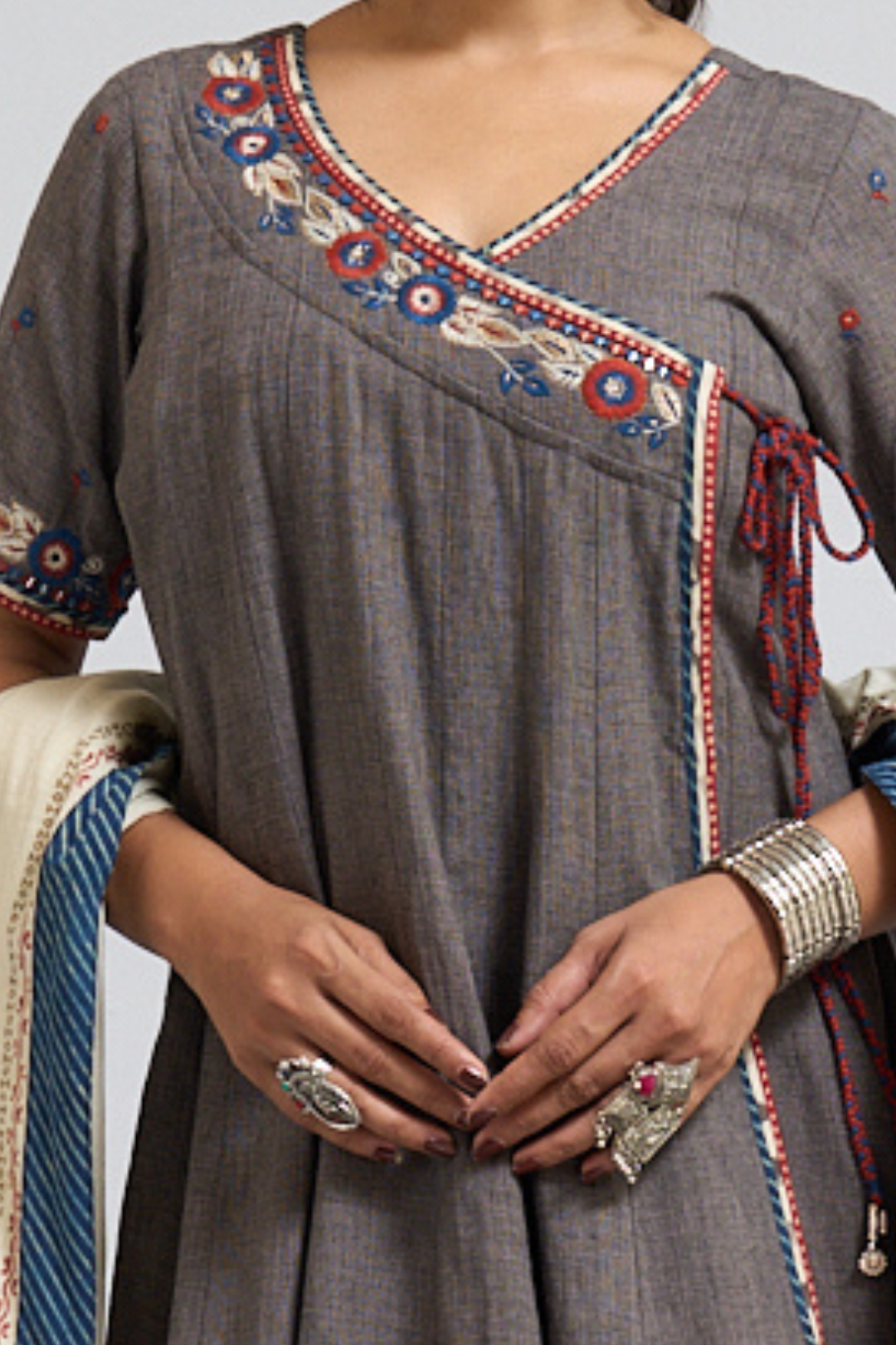 Gray Full-Length Angrakha Anarkali Set with Pants & Dupatta