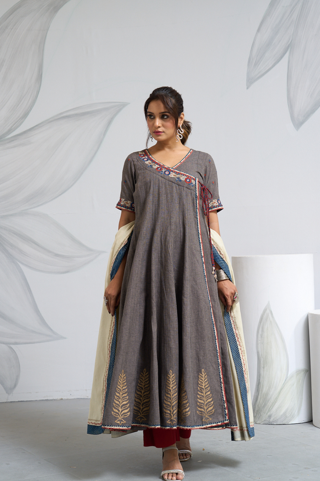 Gray Full-Length Angrakha Anarkali Set with Pants & Dupatta