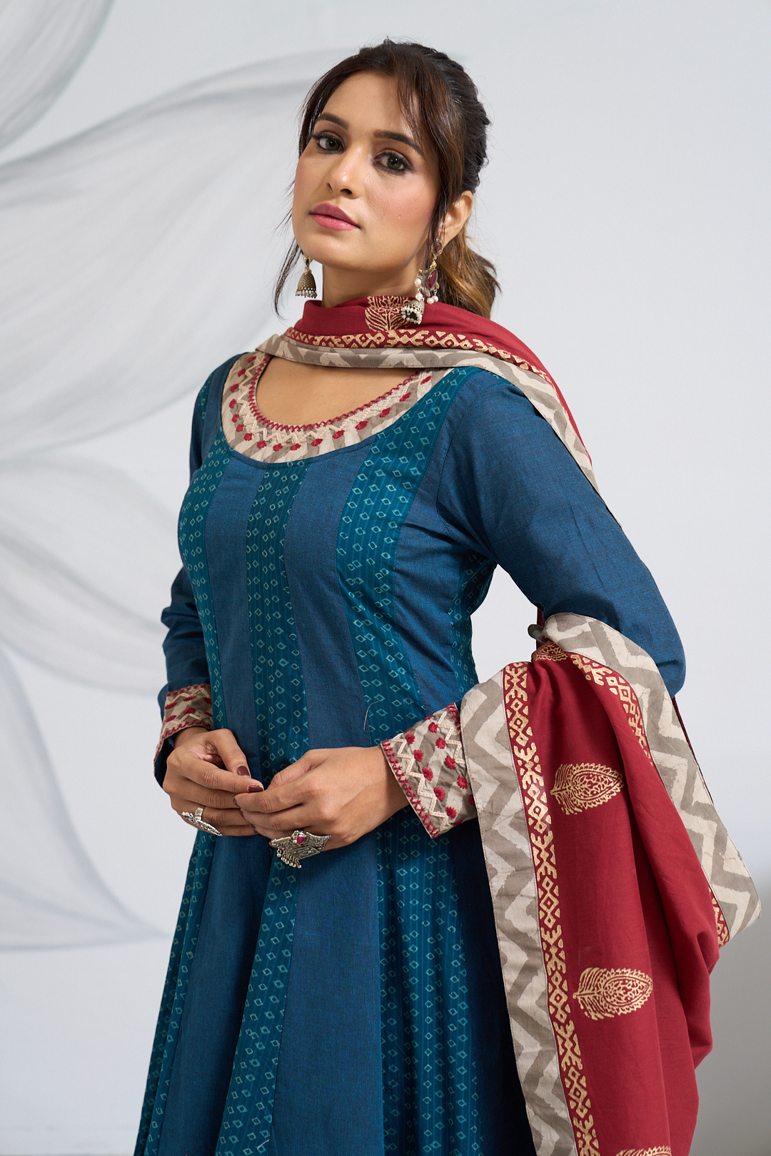 Full-Length Indigo Anarkali with Printed Anarkali & Dupatta