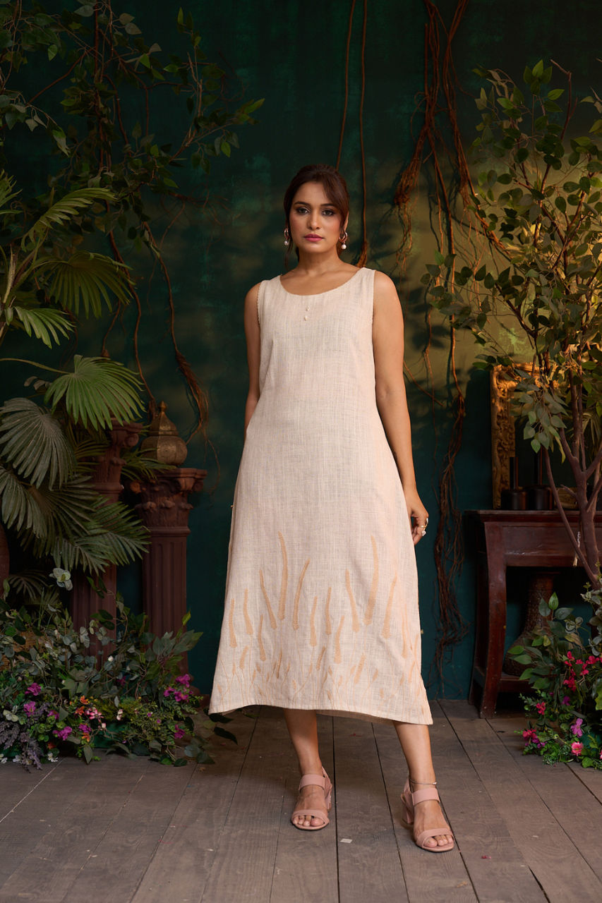 Natural Khadi Linen Dress – Laheria Embroidery – Sleeveless