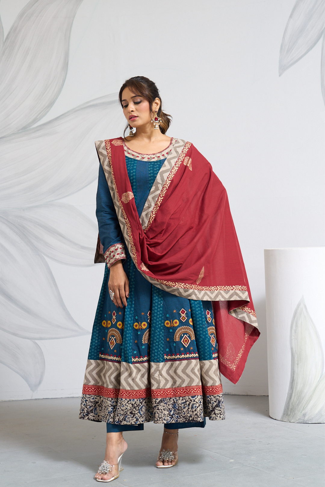 Full-Length Indigo Anarkali with Printed Anarkali & Dupatta