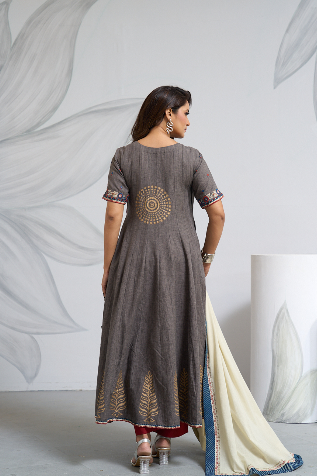 Gray Full-Length Angrakha Anarkali Set with Pants & Dupatta