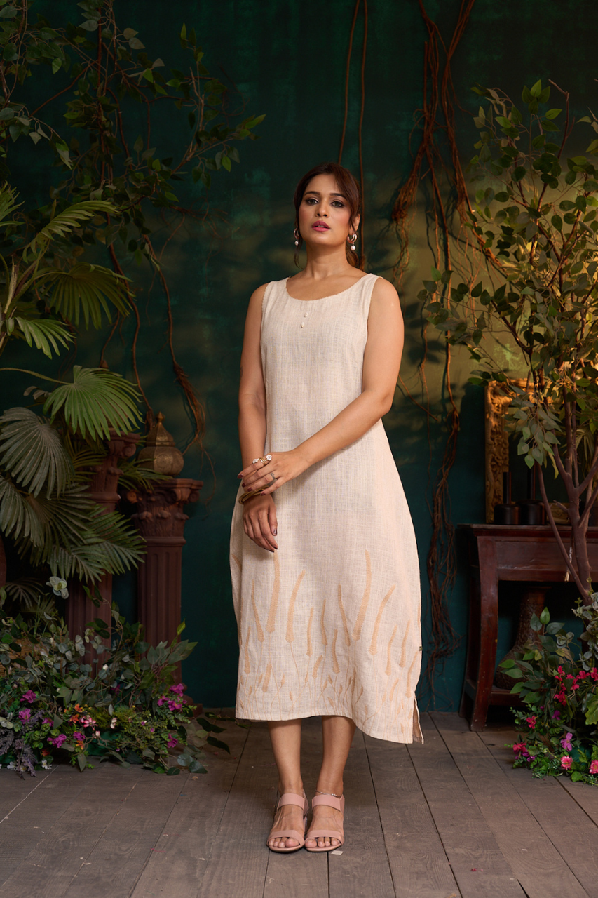 Natural Khadi Linen Dress – Laheria Embroidery – Sleeveless