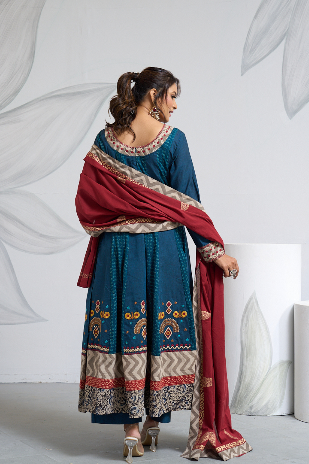 Full-Length Indigo Anarkali with Printed Anarkali & Dupatta