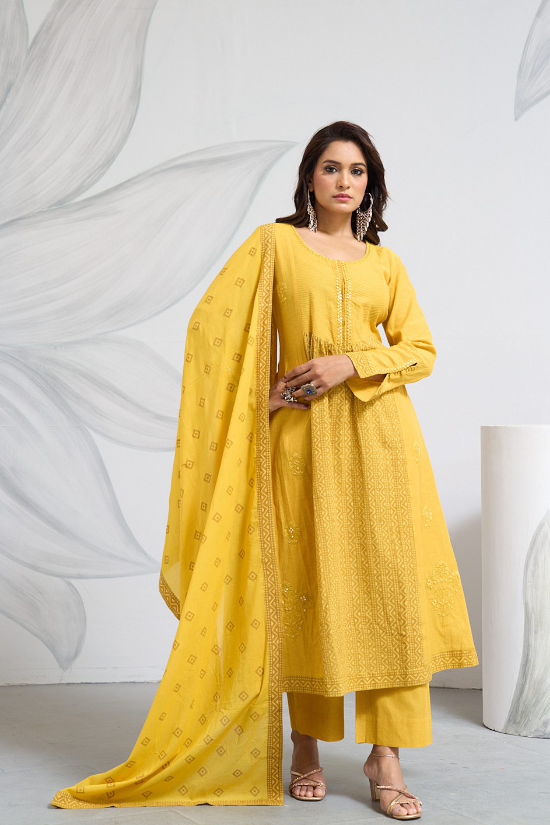 Occur Yellow South Cotton Panel Anarkali Dress with Dupatta