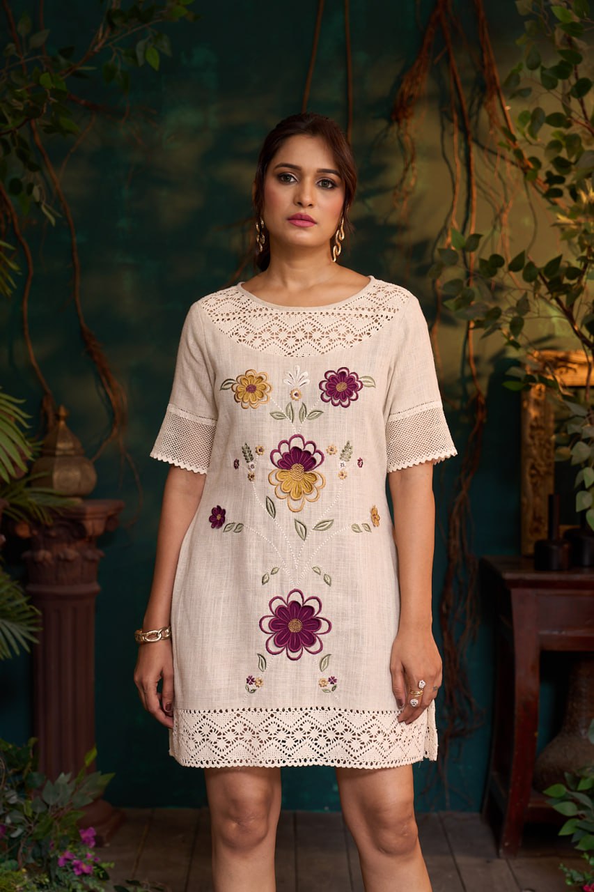 Natural Khadi Linen Dress – 3D Flower Embroidery – Half Sleeve