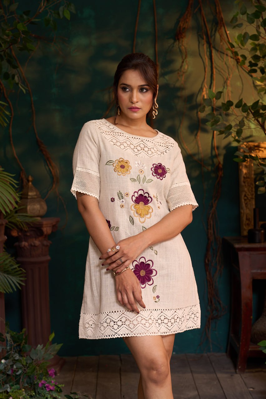Natural Khadi Linen Dress – 3D Flower Embroidery – Half Sleeve