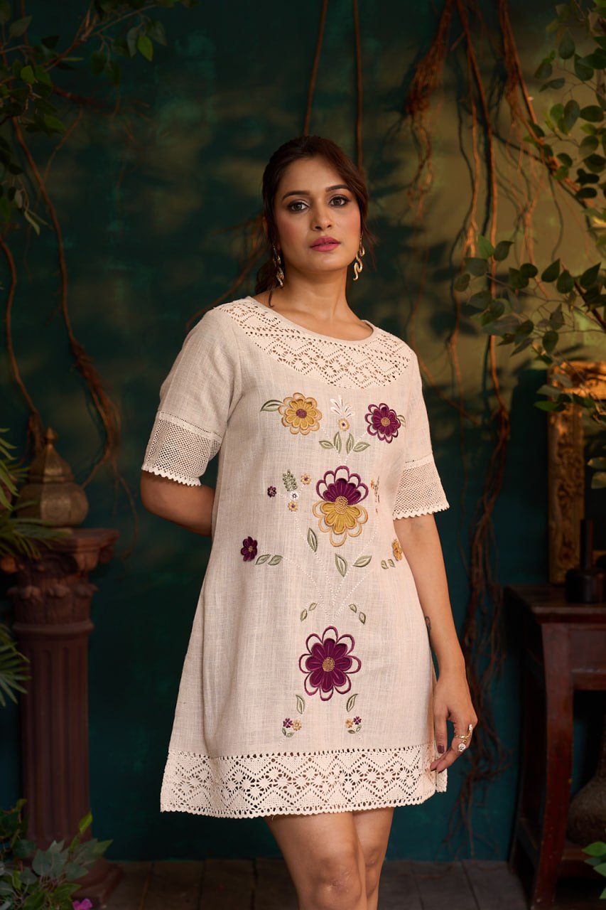 Natural Khadi Linen Dress – 3D Flower Embroidery – Half Sleeve