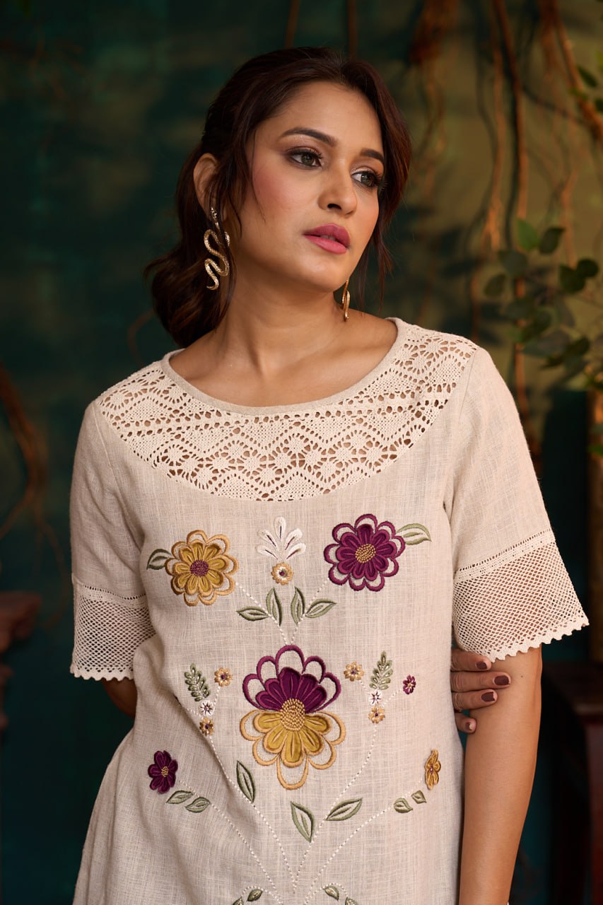 Natural Khadi Linen Dress – 3D Flower Embroidery – Half Sleeve