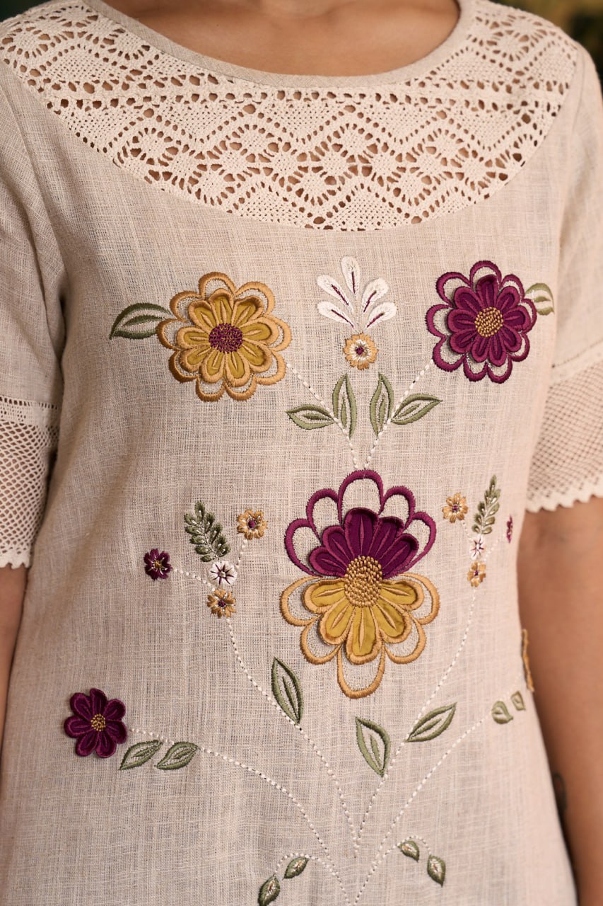 Natural Khadi Linen Dress – 3D Flower Embroidery – Half Sleeve