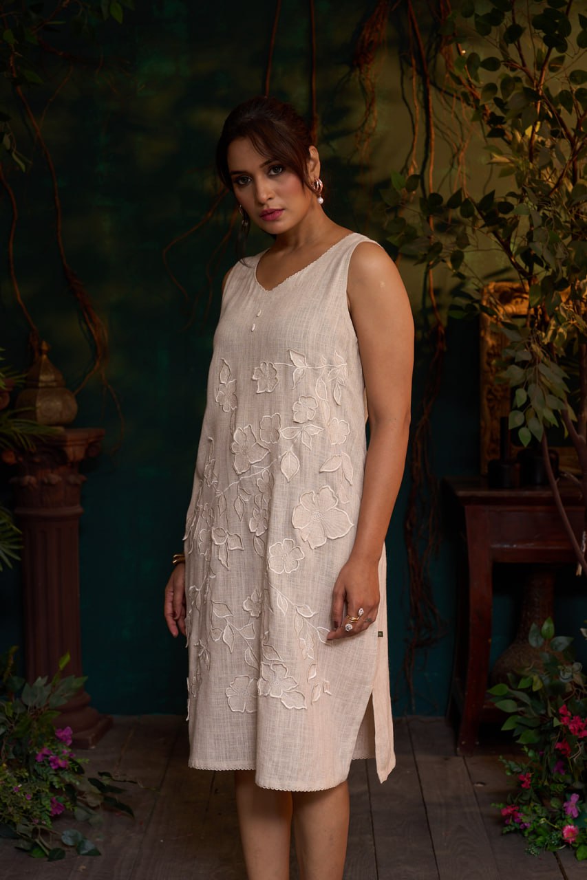 Natural Khadi Sleeveless Dress – 3D Flower Embroidery – Mid Length