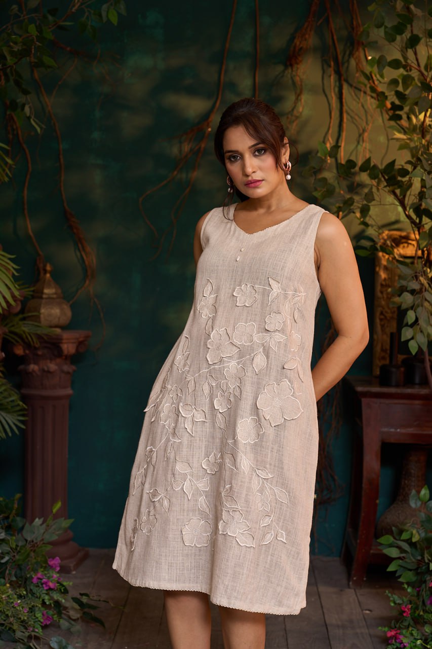 Natural Khadi Sleeveless Dress – 3D Flower Embroidery – Mid Length