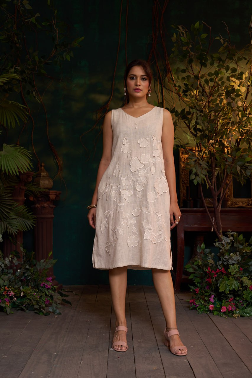Natural Khadi Sleeveless Dress – 3D Flower Embroidery – Mid Length