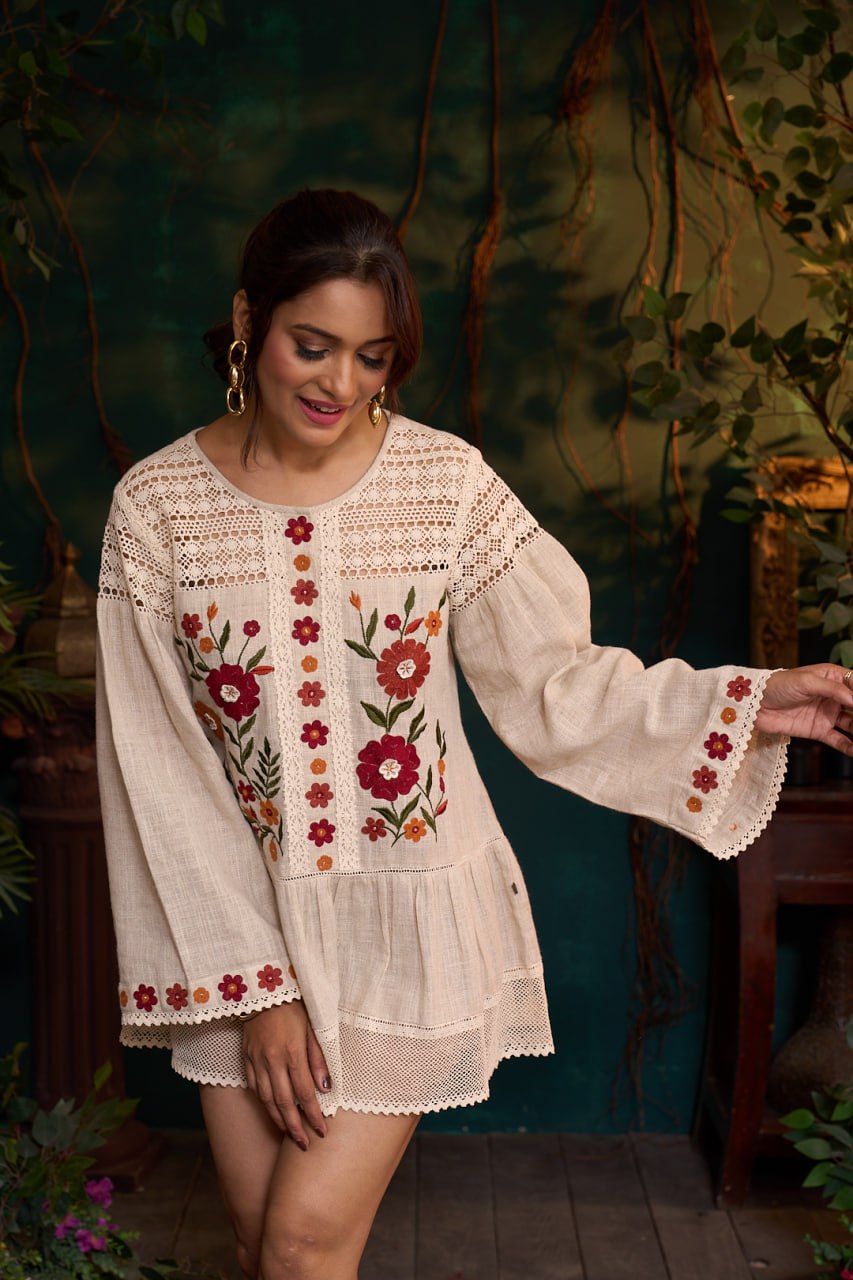 Natural Khadi Short Dress – Multi Flower Embroidery – Full Sleeve