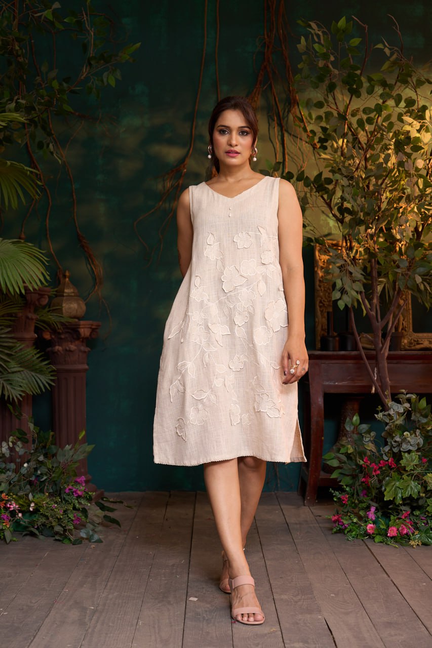 Natural Khadi Sleeveless Dress – 3D Flower Embroidery – Mid Length