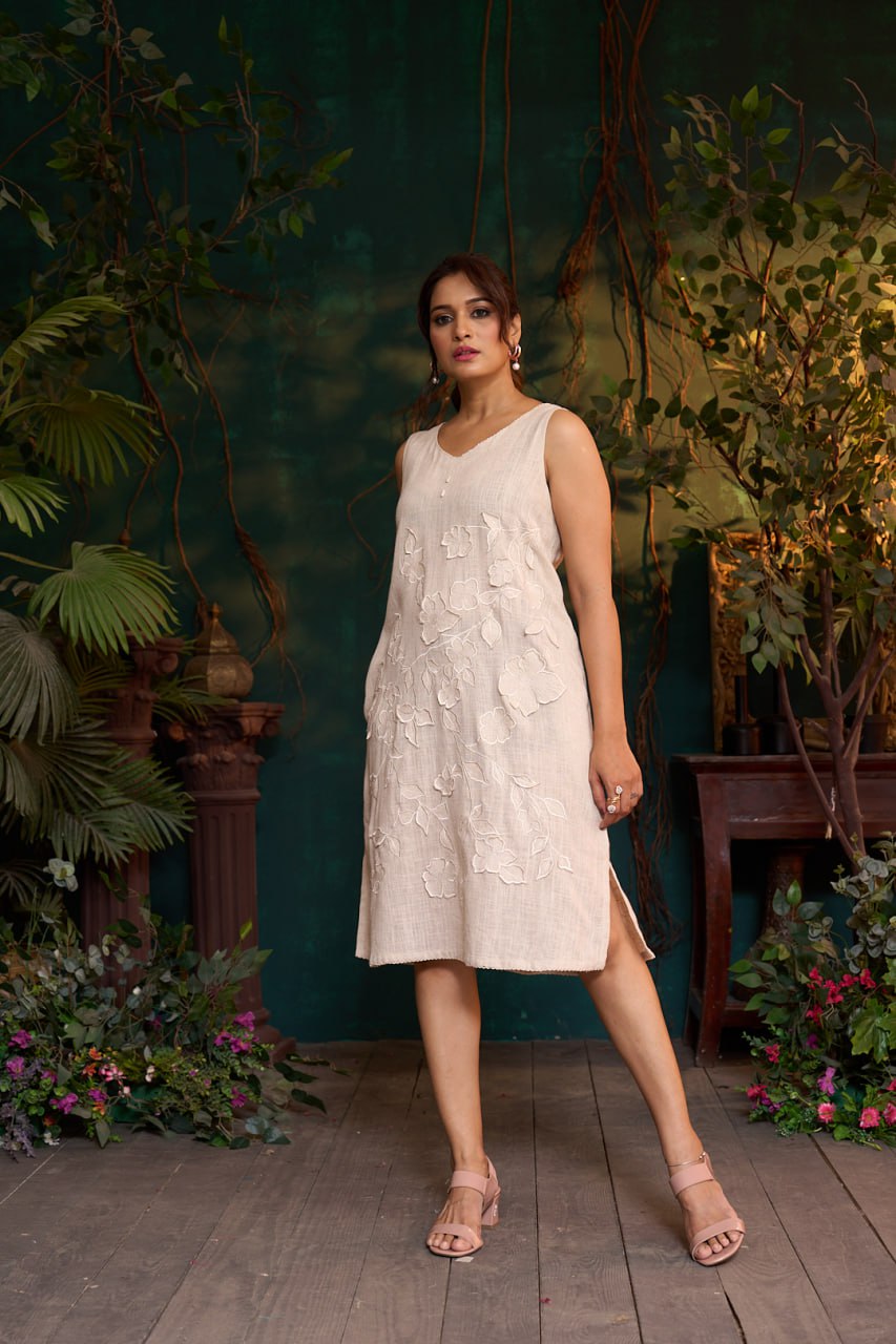 Natural Khadi Sleeveless Dress – 3D Flower Embroidery – Mid Length