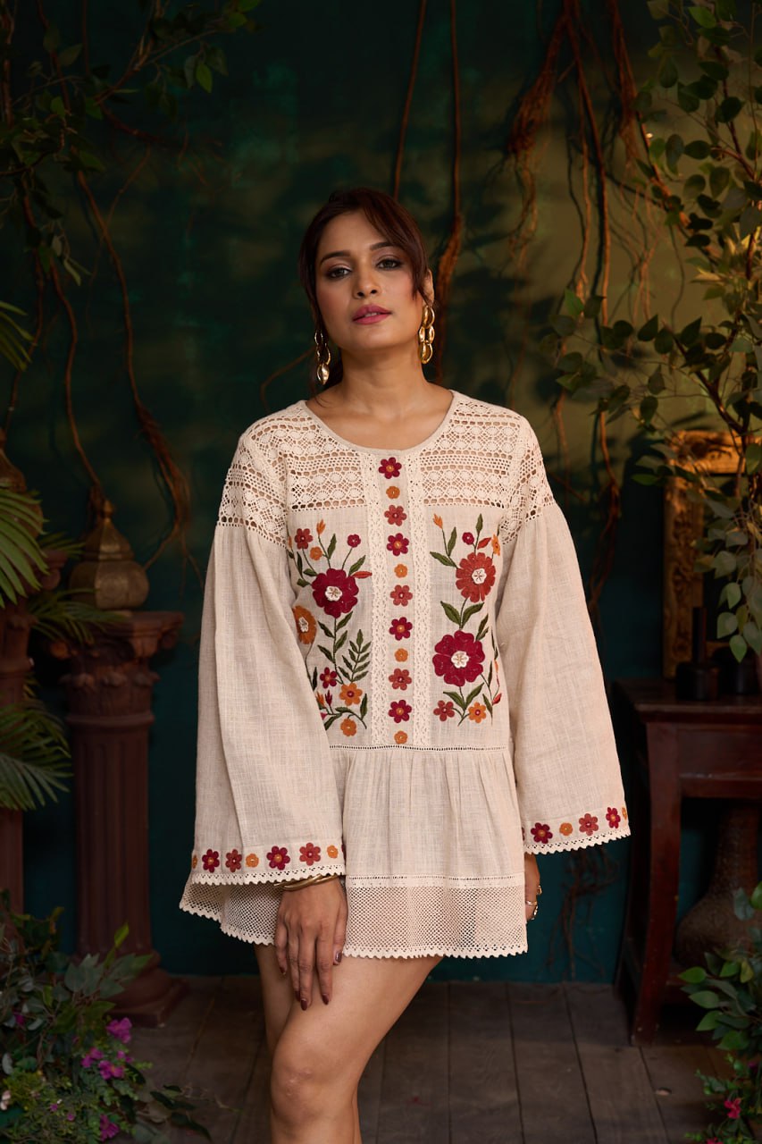 Natural Khadi Short Dress – Multi Flower Embroidery – Full Sleeve